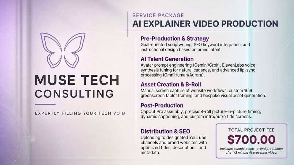 Infographic outlining the AI Explainer Video Production service package from Muse Tech Consulting, detailing offerings in pre-production, AI talent generation, asset creation, post-production, and distribution for a total project fee of $700.